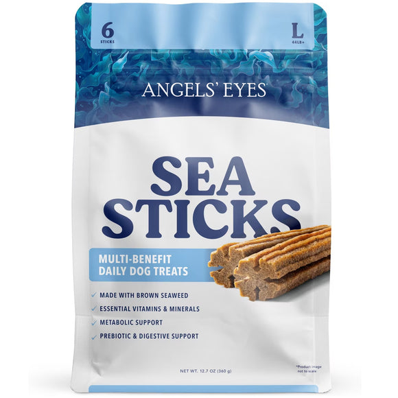Package of Angels' Eyes Sea Sticks dog treats on a white background
