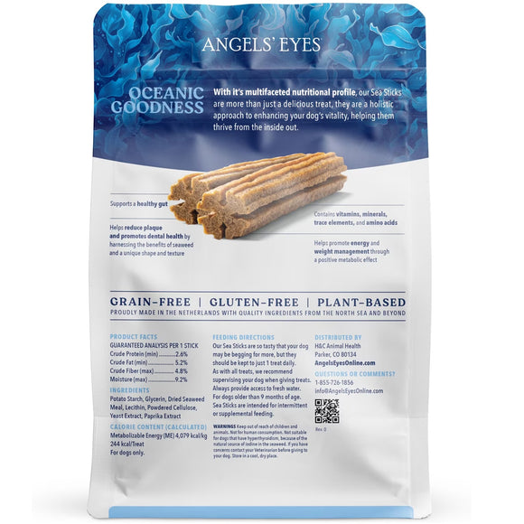 Package of Angels' Eyes Oceanic Goodness Sea Sticks for dogs with blue and white design.