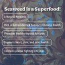 Seaweed with text highlighting its health benefits on a blurred seaweed background