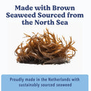 Brown seaweed with text about sourcing and production location on a white background