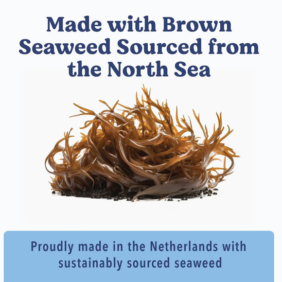 Brown seaweed with text about sourcing and production location on a white background
