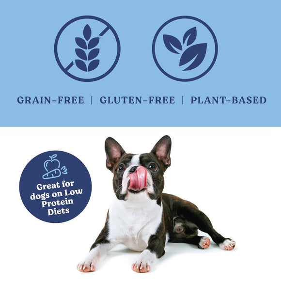 Dog on a white background with 'Grain-Free', 'Gluten-Free', and 'Plant-Based' labels.