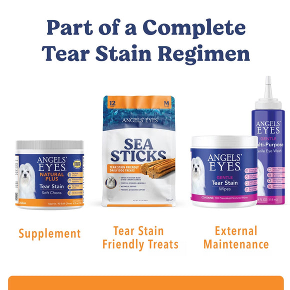 Angels' Eyes dog care products including a supplement, treats, wipes, and a bottle on a white background.