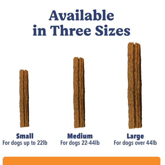Dog chew sticks in small, medium, and large sizes with size chart on a white background.