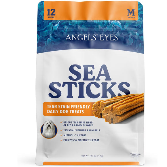 Package of Angels' Eyes Sea Sticks dog treats on a white background