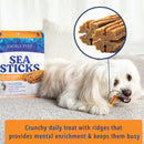 Dog with Sea Sticks packaging and treats, featuring text about the treats' benefits.