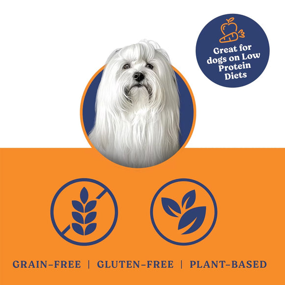 Dog food packaging with a white dog illustration, grain-free, gluten-free, and plant-based icons on an orange background.