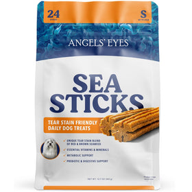 Packaging of Angels' Eyes Sea Sticks dog treats on a white background