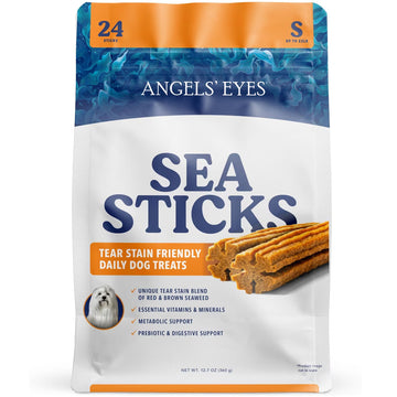Packaging of Angels' Eyes Sea Sticks dog treats on a white background