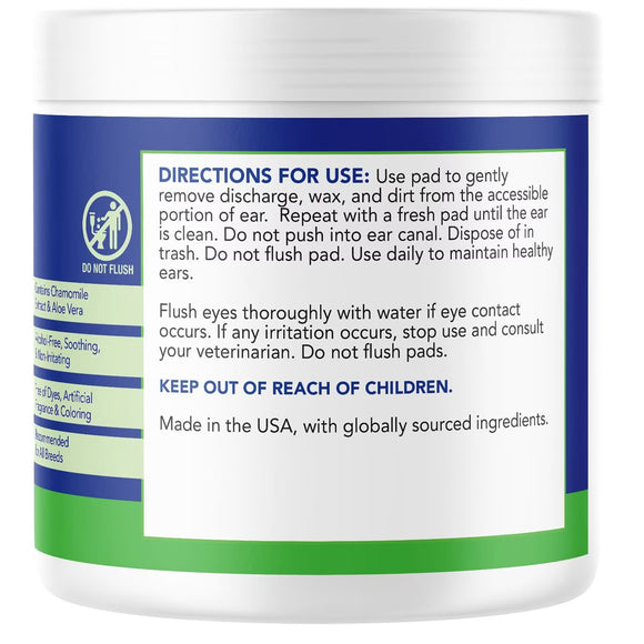 Jar of ear cleaning pads with directions for use on a white background