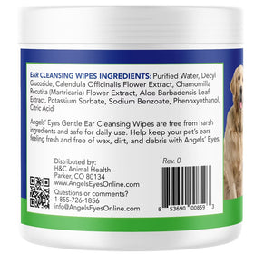 Back label of Angels' Eyes ear cleansing wipes with ingredients list and contact information.
