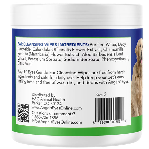 Back label of Angels' Eyes ear cleansing wipes with ingredients list and contact information.