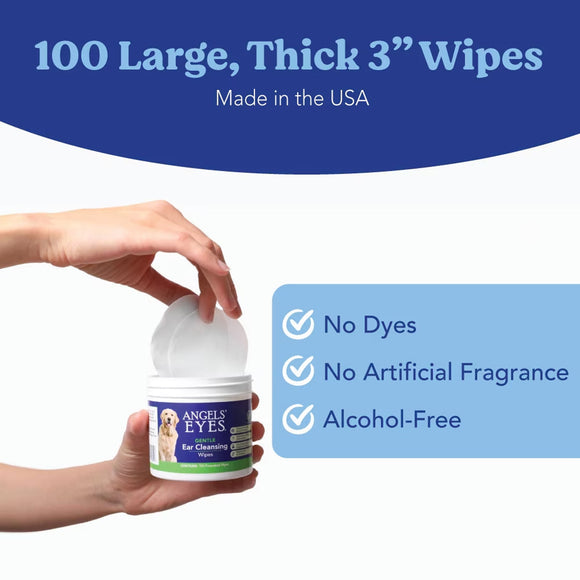 Product packaging of Angels' Eyes ear cleaning wipes with text highlighting features on a white background.