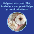 Two dirty cotton pads held in a hand with text about their benefits on a blue background.