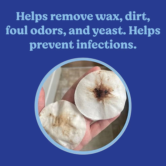 Two dirty cotton pads held in a hand with text about their benefits on a blue background.