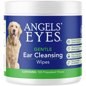 Jar of Angels' Eyes Gentle Ear Cleansing Wipes for dogs with a blue label and white lid.