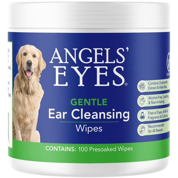 Jar of Angels' Eyes Gentle Ear Cleansing Wipes for dogs with a blue label and white lid.