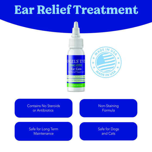 Angels' Eye ear relief treatment bottle with product features on a white background
