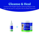 Angels' Eyes ear cleansing products including a bottle and wipes on a blue and white background.