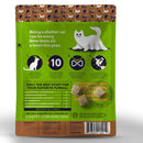 Cat food package with green label and brown border featuring illustrations of cats and text.