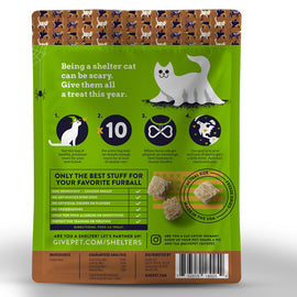Cat food package with green label and brown border featuring illustrations of cats and text.