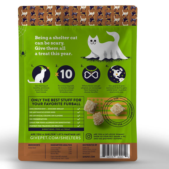 Cat food package with green label and brown border featuring illustrations of cats and text.