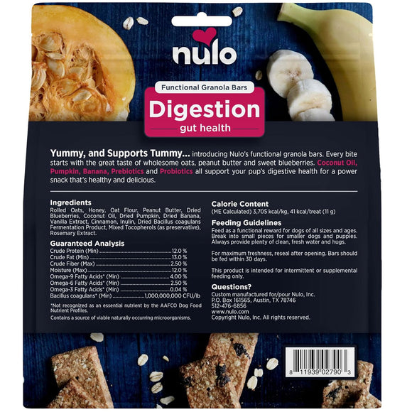 Nulo Digestion gut health functional granola bars packaging with ingredients and nutritional information.