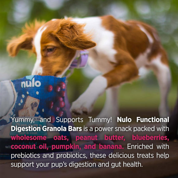 Dog sniffing a Nulo Functional Digestion Granola Bars package with text about the product.