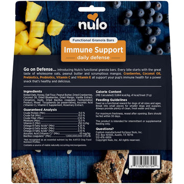 Nulo immune support granola bars packaging with ingredients and nutritional information.
