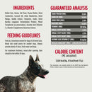 Dog food label with ingredients, guaranteed analysis, feeding guidelines, and calorie content.