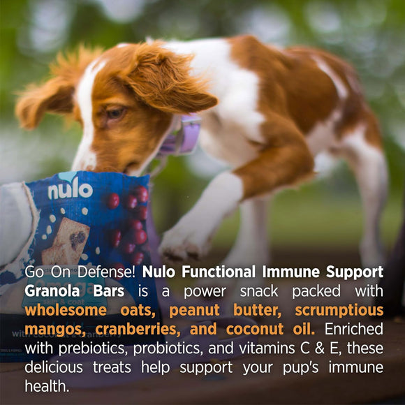 Dog holding a Nulo Functional Immune Support Granola Bar with text about the product's benefits.