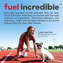 Woman in athletic gear with a dog on a track, promoting Nulo pet food brand.