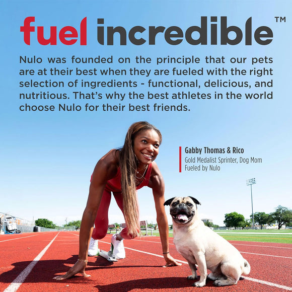 Woman in athletic gear with a dog on a track, promoting Nulo pet food brand.