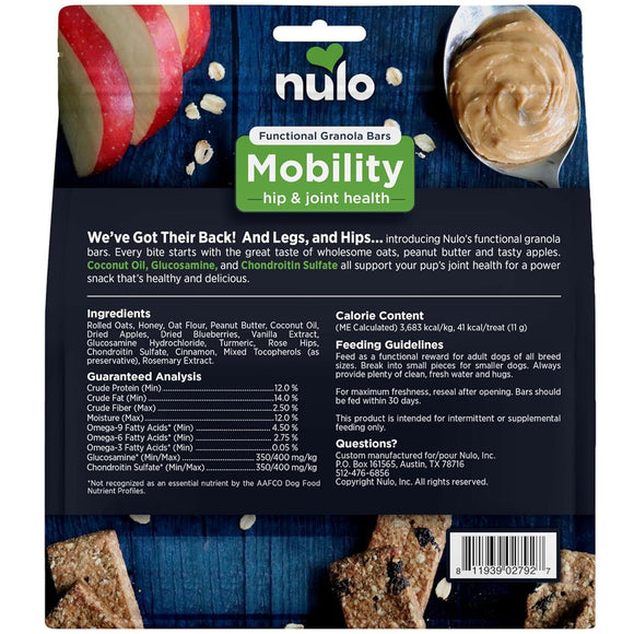 Nulo Mobility granola bars packaging for dogs with ingredients and feeding guidelines.