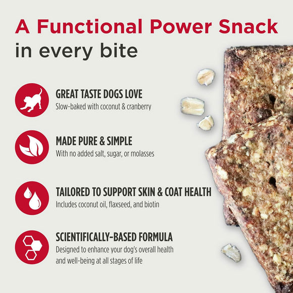 Dog treat packaging with text highlighting features and benefits on a white background