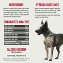 Dog food label with ingredients, feeding guidelines, guaranteed analysis, and calorie content on a gray background.