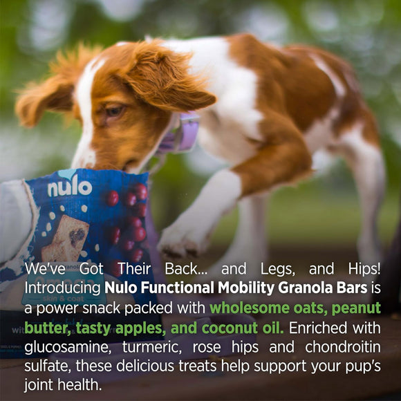 Dog sniffing a Nulo Functional Mobility Granola Bars package with promotional text about the product.