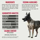 Dog food packaging with ingredients, feeding guidelines, guaranteed analysis, and calorie content displayed.