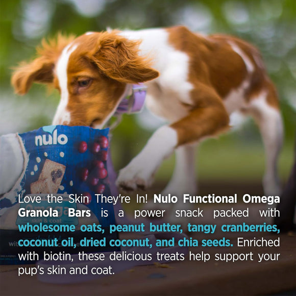 Dog eating a Nulo Functional Omega Granola Bar with text about the product.