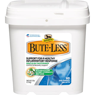 Bute-Less pellets are available in a five-pound pail. This horse recovery solution is always available in a liquid form. 