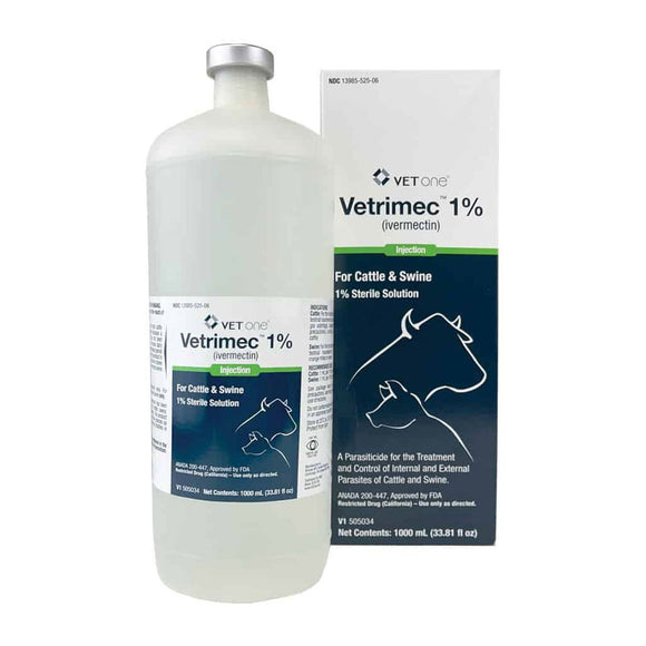 Vetrimec (Ivermectin) 1% Sterile Solution Injection for Cattle and Swine, 1000-ml