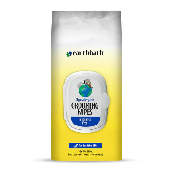 Earthbath Hypo-Allergenic Grooming Wipes Fragrance Free For Dogs & Cats (100 ct) softpack