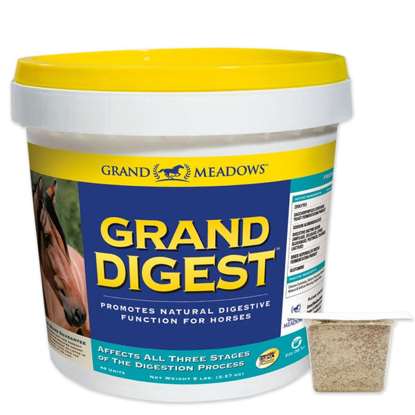 Grand Digest is available in a 5 lb pail to support the horse digestive system  in all three of its stages.