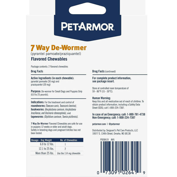 PetArmor 7 Way De-Wormer Small Dogs & Puppies 2 Counts  - In Clamshell