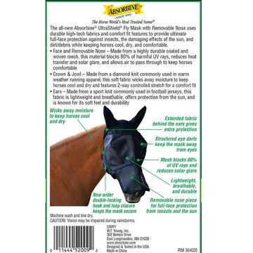 UltraShield Fly Mask Removable Nose with Ears For Horses (Horse Size)