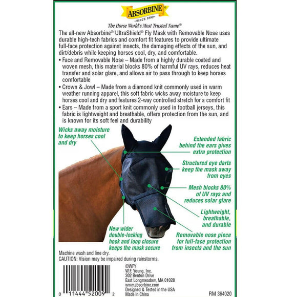 UltraShield Fly Mask Removable Nose with Ears For Horses (Horse Size)