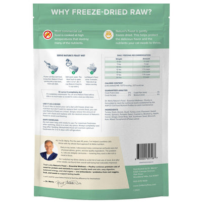 Back label of Dr. Marty Nature's Feast Essential Wellness Poultry Freeze Dried Raw Cat Food