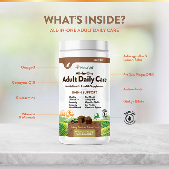 NaturVet Adult Daily Care Multi-Benefit 10-in-1 Support For Dogs -60 Soft Chews