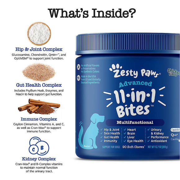 Zesty Paws Senior Advanced 11-1 Multifunction Bites Chicken Flavor Supplement For Dog (90 ct)