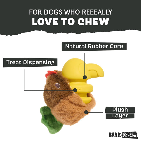 BARK Fowl Play 2-in-1 Plush Exterior with Tough Center Treat Dispensing Dog Chew Toy